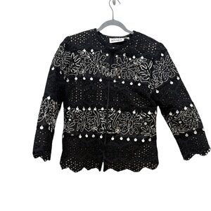 Anage Vintage Black Eyelet Embroidered Jacket w/ Shell Beads Small